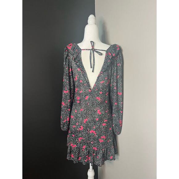 Topshop Woman’s Black Pink Floral V Neck Long Sleeve Ruffle Dress- Size 10 - Picture 4 of 13